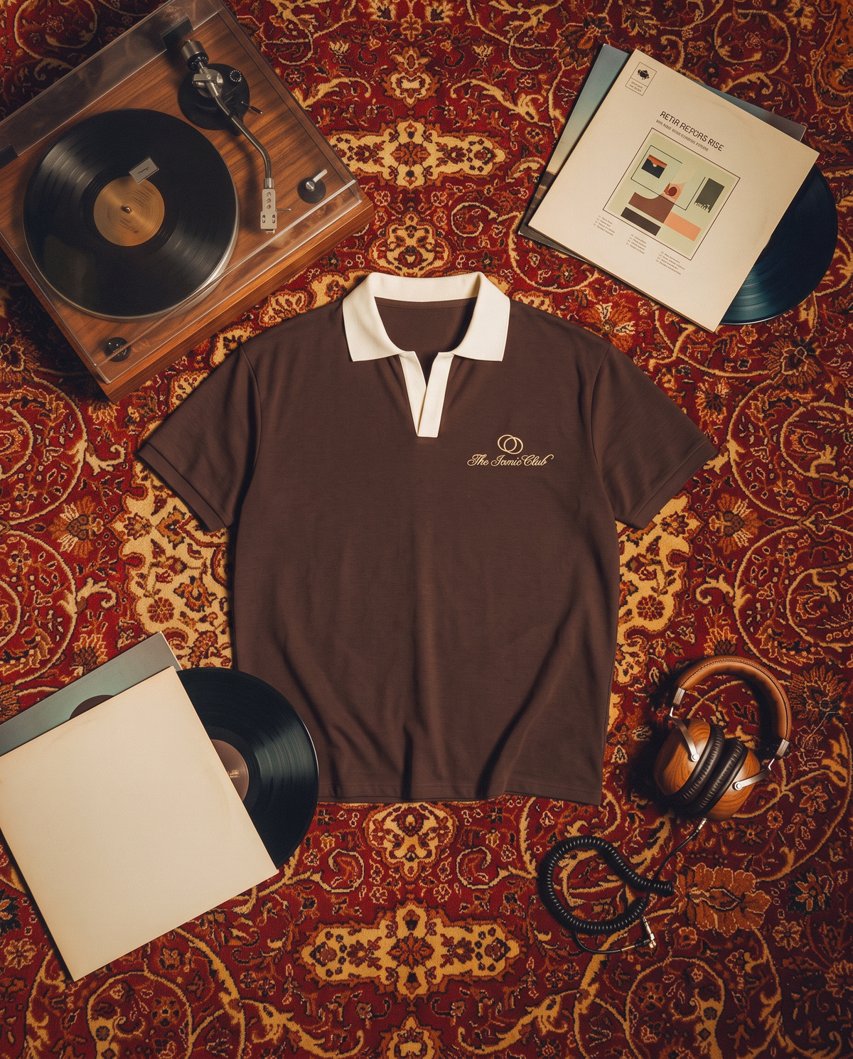 Aykoona brown cotton polo with cream contrast collar and cream embroidery