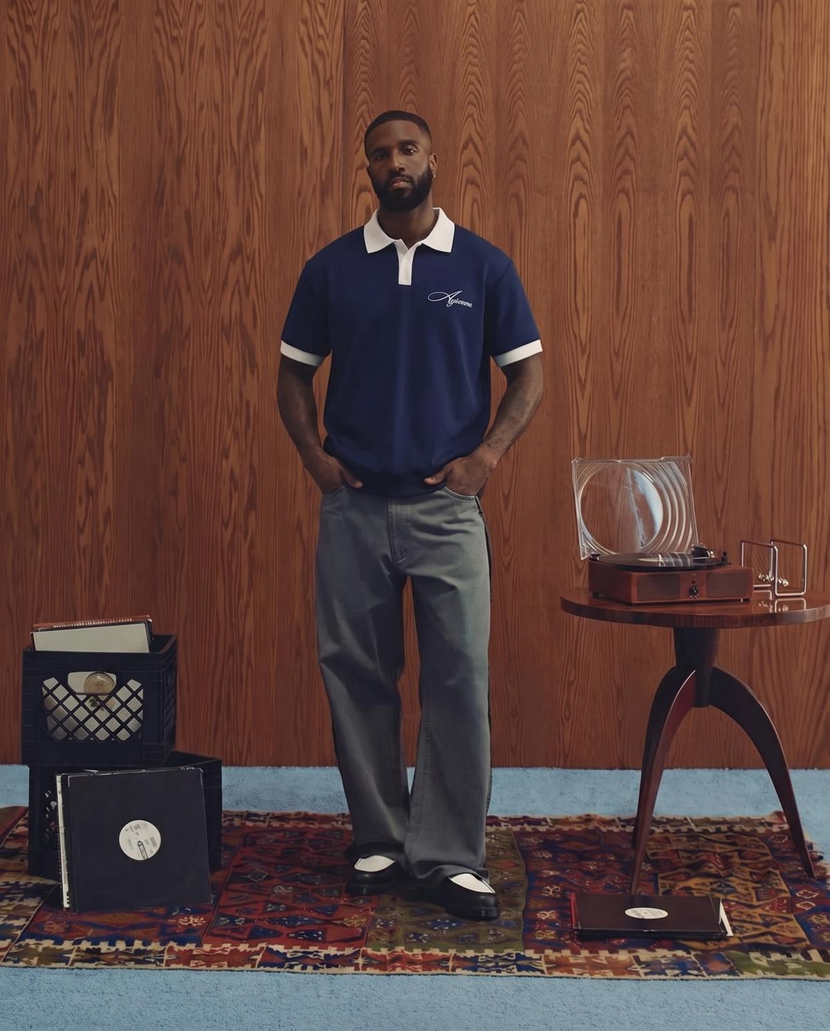Aykoona navy cotton polo with white contrast collar and cuffs