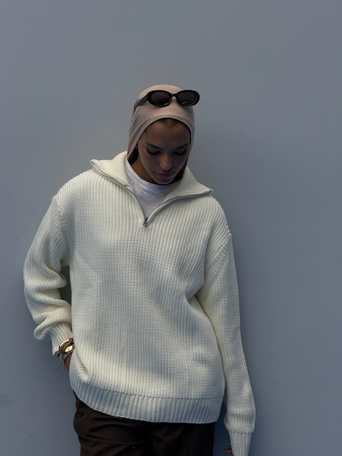 Cream Knitted Quarter Zip