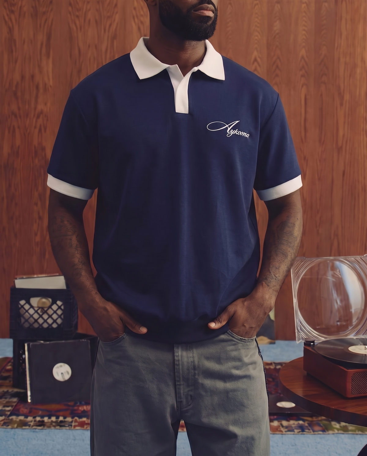 Aykoona navy cotton polo with white contrast collar and cuffs