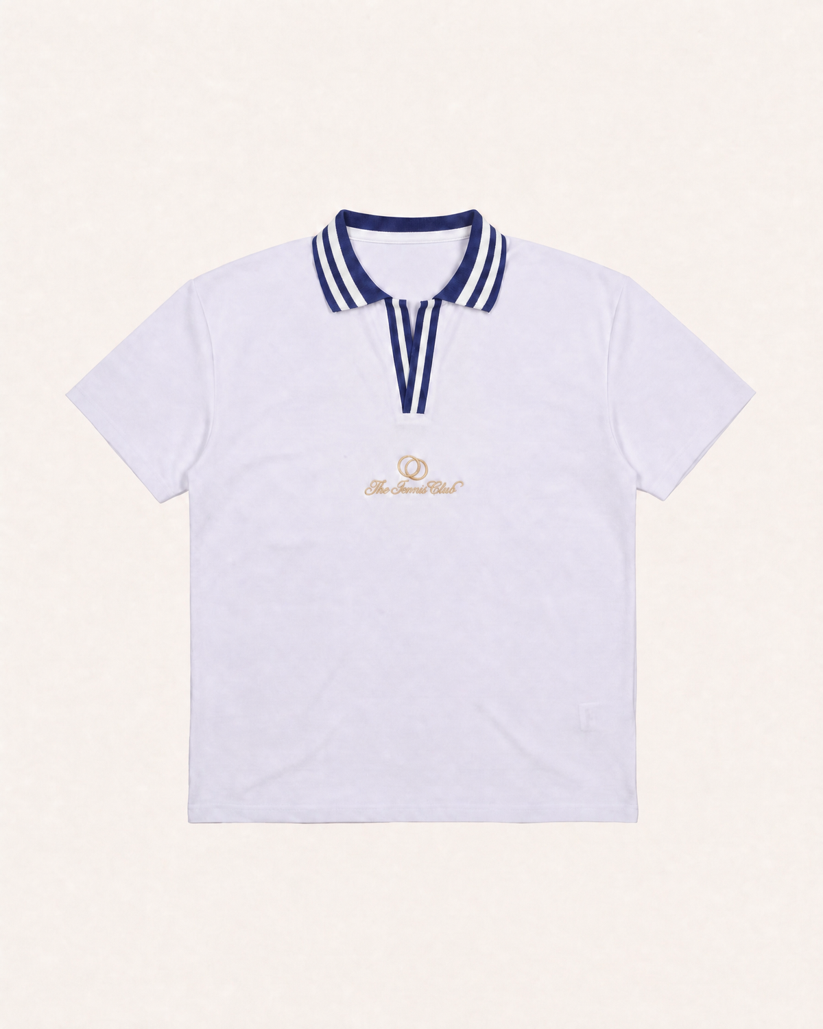 Aykoona white cotton polo with navy striped collar and Iconic Club embroidery