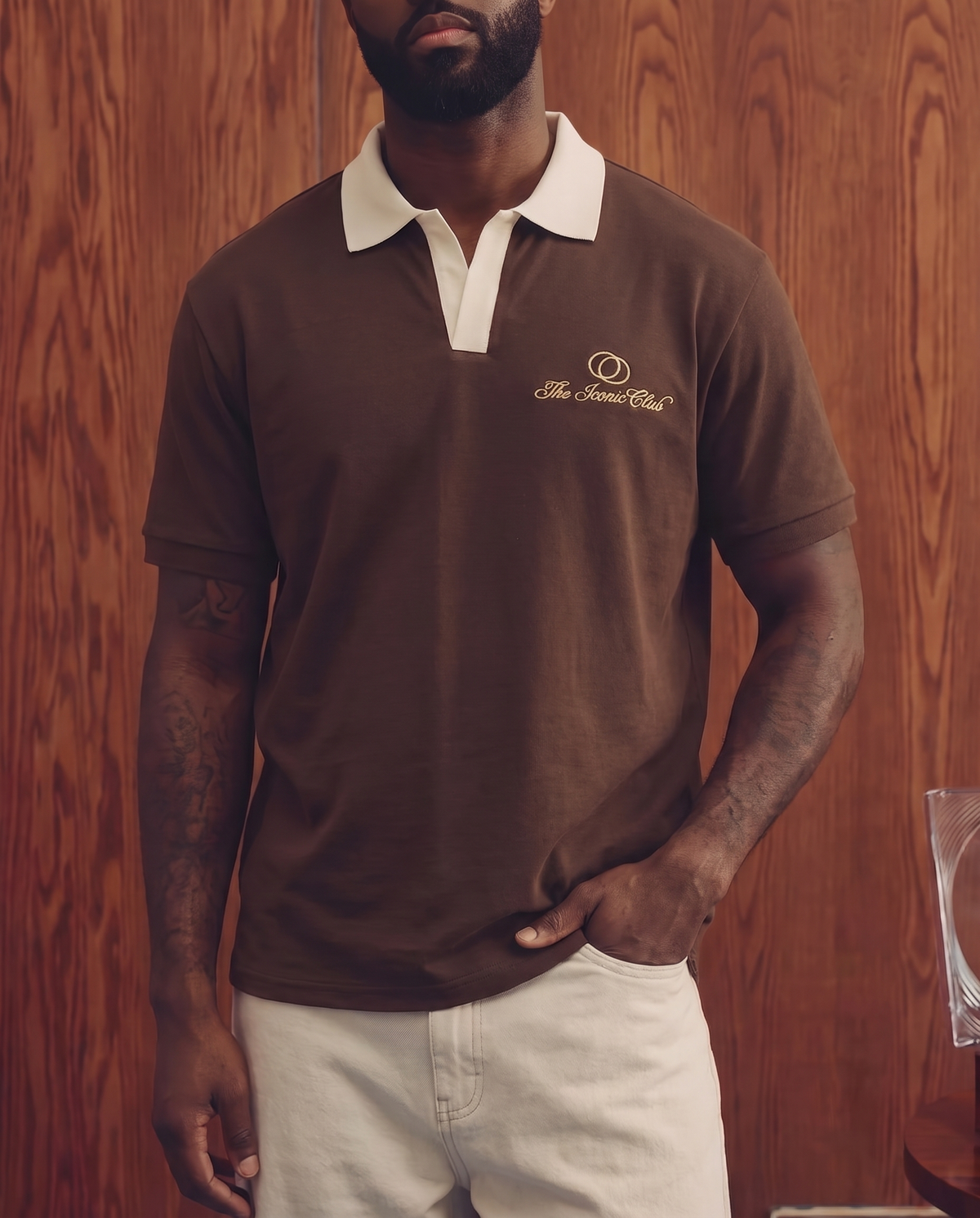 Aykoona brown cotton polo with cream contrast collar and cream embroidery