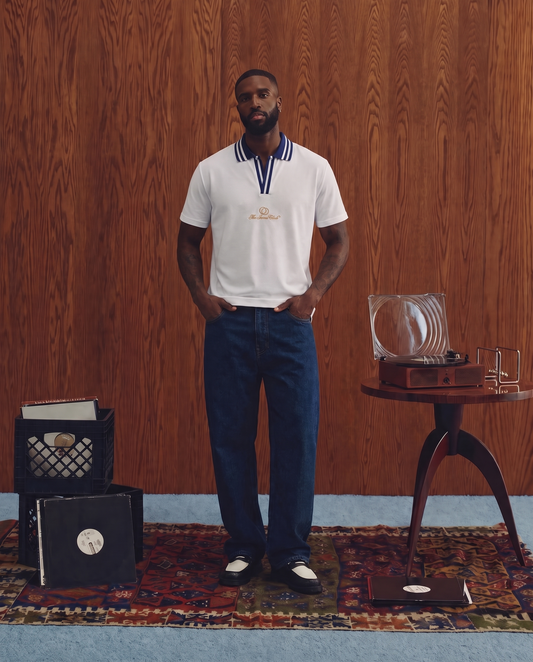 Aykoona white cotton polo with navy striped collar and Iconic Club embroidery