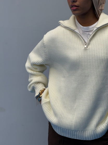 Cream Knitted Quarter Zip