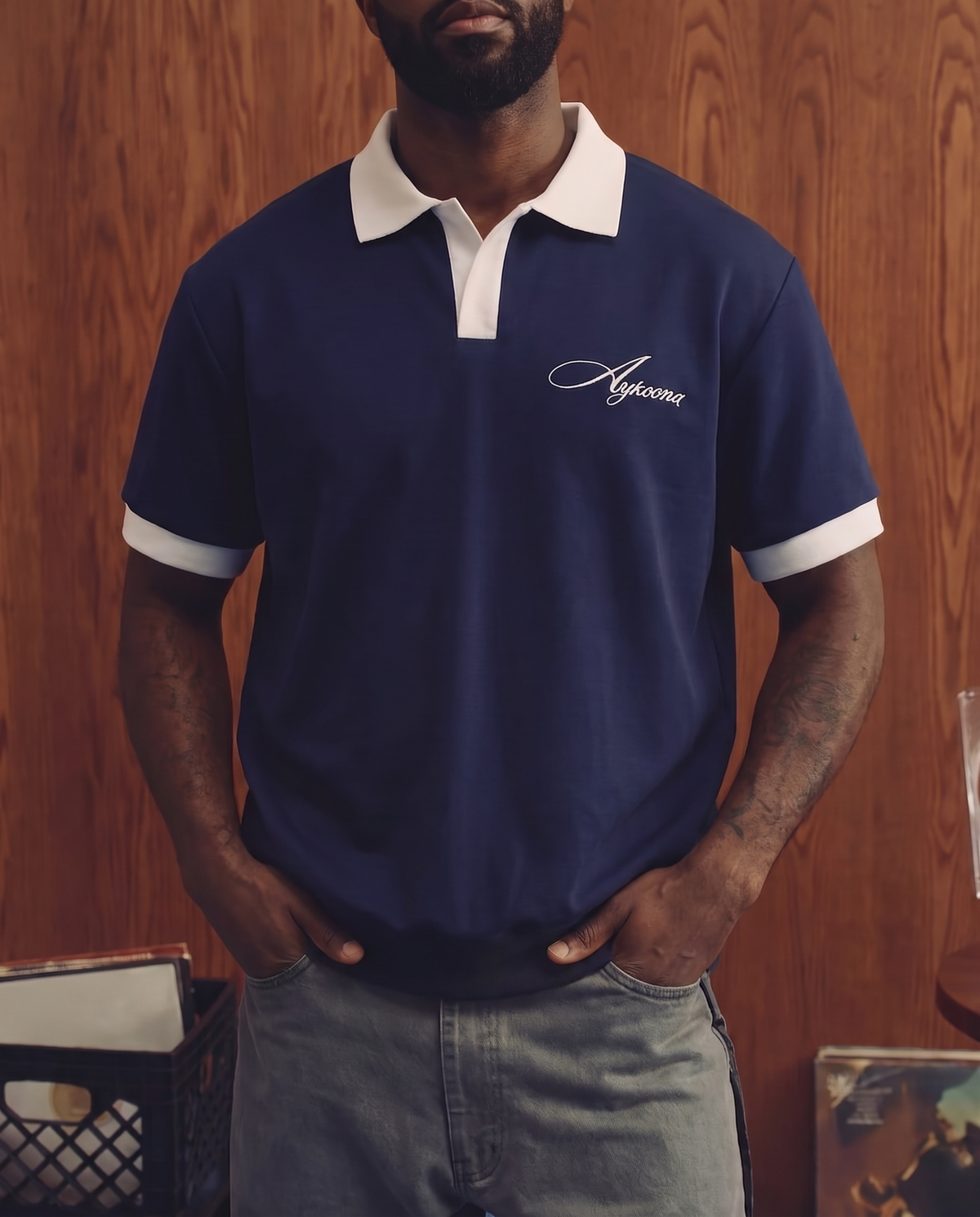 Aykoona navy cotton polo with white contrast collar and cuffs