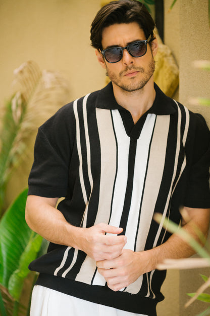 Black Retro Striped Polo