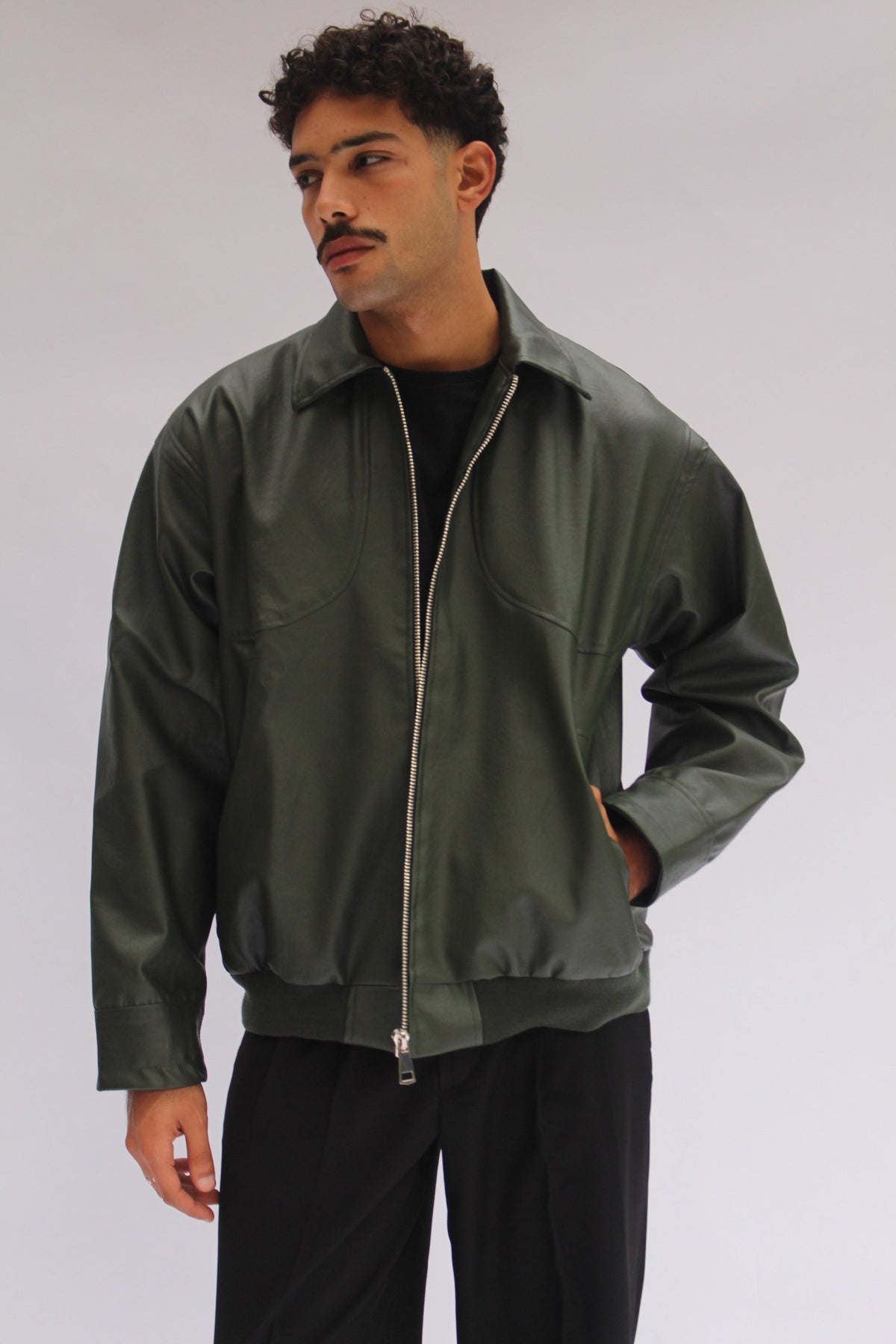 Green Leather Jacket, front view on model