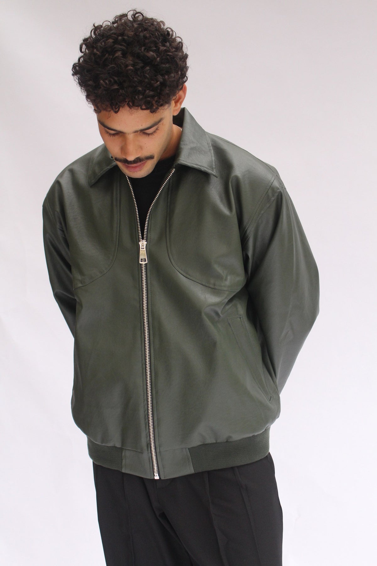 Green Leather Jacket, ribbed hem detail