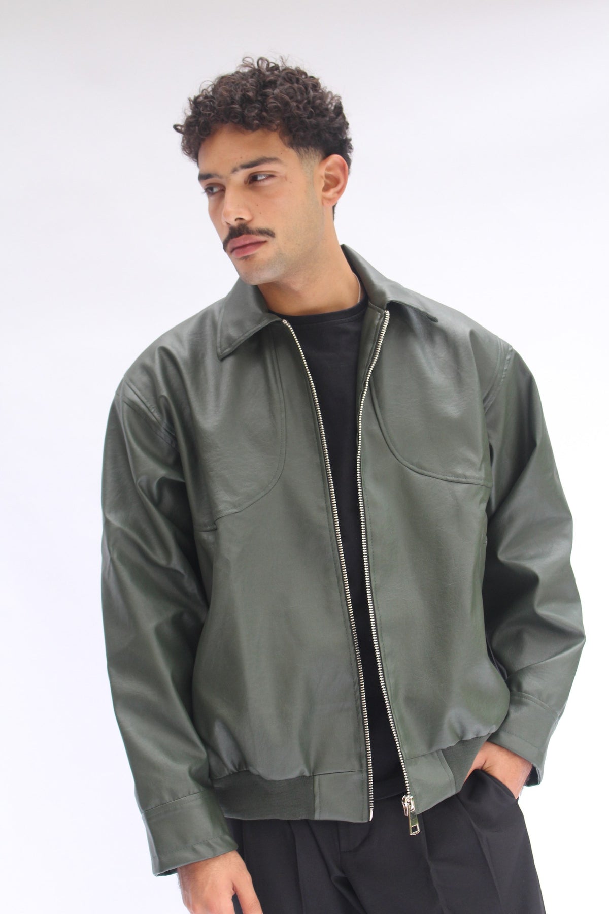 Green Leather Jacket, relaxed fit on model